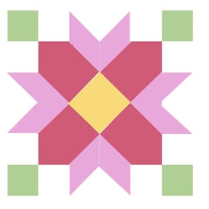 Peut inclure: Un motif floral géométrique dans les tons de rose, rouge, jaune et vert. La forme florale centrale présente un centre en losange jaune, entouré de pétales roses et rouges. Des carrés verts sont dans chaque coin.