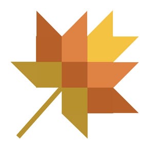 May include: A graphic illustration of a maple leaf composed of a grid of squares in shades of yellow, orange, and brown. The leaf features a central stem extending from the bottom and sharp, angular points forming the classic maple leaf shape.