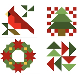 Könnte beinhalten: Vier geometrische Weihnachtsdesigns auf weißem Hintergrund. Die Designs umfassen einen roten Kardinal, einen grünen Weihnachtsbaum, einen Kranz mit roten Sternen und ein Windradmuster mit roten und grünen Dreiecken.