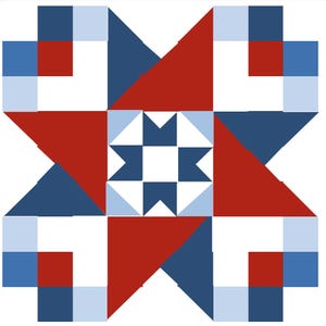 May include: A square quilt block pattern featuring a central star motif surrounded by geometric shapes. The design utilizes a color palette of deep red, navy blue, light blue, and white, arranged in a symmetrical, repeating star-like configuration.