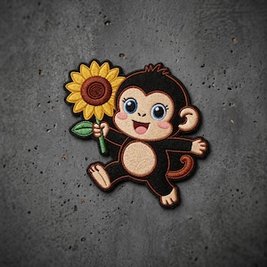 May include: An embroidered patch featuring a cartoon monkey with black fur, a tan belly, and blue eyes. The monkey is smiling and holding a large yellow sunflower with a brown center and a green stem. The patch has a black border and stitching.