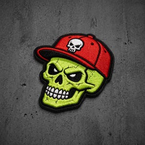 Cool Green Skull Snapback Hat Patch - Red Cap Skeleton Head Embroidered Patch - Biker Punk Rock Gothic Iron on Patch Badge