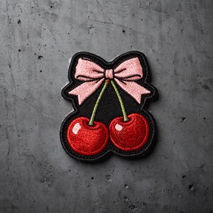 Cherry With Pink Bow Embroidered Patch, Cute Fruit Iron On Applique, Girly Patch, Kawaii Cherry Badge, DIY Bag Decor, Aesthetic Patch