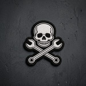 Skull and Wrenches Embroidered Patch, Mechanic Tool Iron On Patch, Edgy Patch for Jacket, Vest, Garage Style Decor Patch
