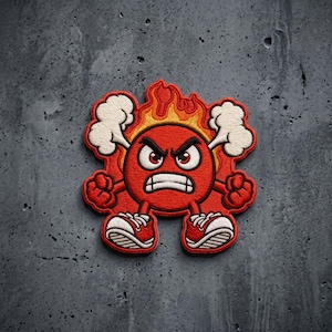 May include: An embroidered patch featuring a round, red, angry character with a furrowed brow, clenched fists, and white sneakers. The character has orange and yellow flames rising from its head and white steam clouds puffing from its ears.
