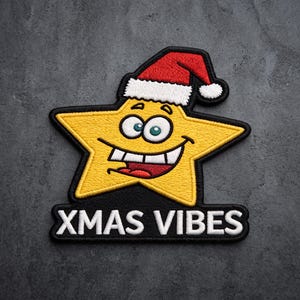 May include: An embroidered patch featuring a yellow star character with a wide, smiling mouth and large eyes, wearing a red and white Santa hat. Below the star, a black rectangular base displays the white text XMAS VIBES in bold letters.