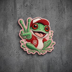 May include: An embroidered patch featuring a green frog wearing a red baseball cap and a red jacket. The frog is making a peace sign with one hand and has a wide, open-mouthed smile. The design includes small green splashes and a light pink border.