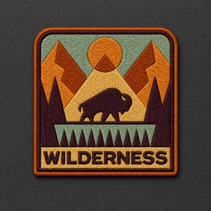 May include: A square embroidered patch featuring a dark purple bison silhouette centered against a light green sky with a large orange sun. Two orange mountains flank the scene above a row of dark purple trees and the word WILDERNESS in yellow.