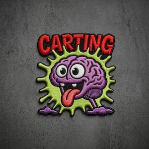 May include: An embroidered patch featuring a purple cartoon brain character with large white eyes, two small teeth, and a red tongue sticking out. The brain is set against a lime green starburst shape with the word CARTING in bold red letters above.