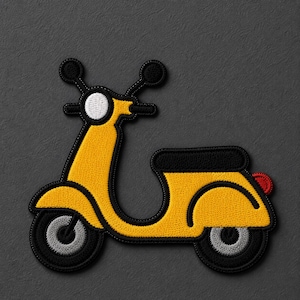 May include: An embroidered patch shaped like a yellow scooter with black outlines, a black seat, a white headlight, grey wheels, and a small red taillight. The design features dense stitching throughout, creating a textured appearance for the vehicle.