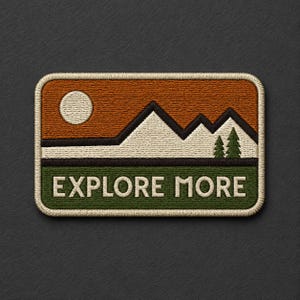 Explore More Mountain Sunset Embroidered Patch, Retro Wilderness Nature Iron On Patch, Hiking Adventure Applique, Rectangular Patch