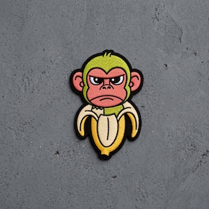 Grumpy Monkey in Banana Peel Embroidered Patch, Funny Animal Iron on Patch, Angry Chimp Badge, Cute Fruit Patch Applique