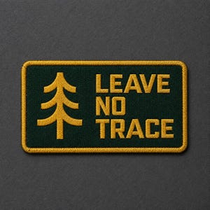 May include: A rectangular embroidered patch with a dark green background and a gold border. On the left is a gold stylized evergreen tree icon. On the right, the gold embroidered text reads LEAVE NO TRACE in a bold, sans-serif font.