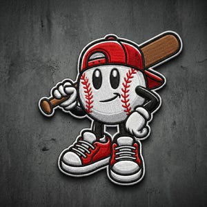 May include: An embroidered patch featuring a cartoon baseball character with a smiling face, wearing a red baseball cap and red sneakers. The character holds a brown wooden baseball bat over its shoulder, with white and red stitching details.