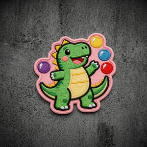 Cute Green Dinosaur Bubbles Patch - Kawaii T-Rex Sweet Pink Background Embroidered Patch - Kids Iron on Patch Badge Bag