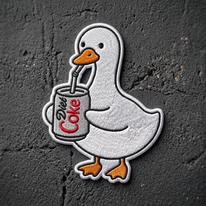 Funny Duck Drinking Diet Coke Patch, Cute Soda Lover Iron On Patch, Whimsical White Bird Sew On Patch for Jacket Backpack Gift Vibe
