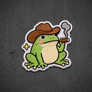 Cowboy Frog Embroidered Patch, Cute Toad Smoking Cigar Iron On Patch, Western Animal Sew On Patch for Hat Jacket Backpack