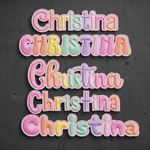 May include: Five embroidered patches featuring the name Christina in various fonts and pastel color palettes including pink, orange, yellow, green, and purple. Each patch has a raised, textured appearance with a light pink border outline.