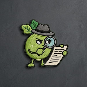 May include: An embroidered patch featuring a round, light green fruit character wearing a grey fedora. The character holds a magnifying glass over a white document with black lines, displaying a focused expression with dark, arched eyebrows.