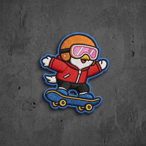 May include: An embroidered patch featuring a white bird character wearing an orange helmet, pink-tinted goggles, and a red jacket while riding a blue skateboard with yellow wheels. The design is outlined in a thick blue border with white stitching.