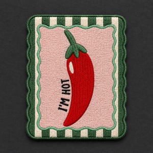 I'm Hot Red Chili Pepper Embroidered Patch, Spicy Food Iron On Patch, Retro Kitchen Applique, Quirky Green Border Sew On Patch for Jacket