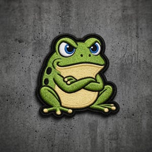 May include: An embroidered patch featuring a green frog with a cream-colored belly and blue eyes. The frog is depicted with a grumpy expression, arms crossed over its chest, and black spots on its side, all outlined with a thick black border.