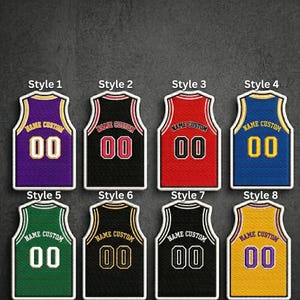 May include: Eight embroidered basketball jersey patches arranged in two rows. Each patch features the text NAME CUSTOM and the number 00 in various color combinations including purple, black, red, blue, green, and yellow with white or gold trim.