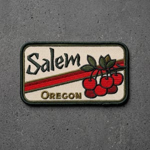 Salem Oregon Red Cherries Fruit Embroidered Patch, Pacific Northwest Nature Iron On Badge, Souvenir Patch