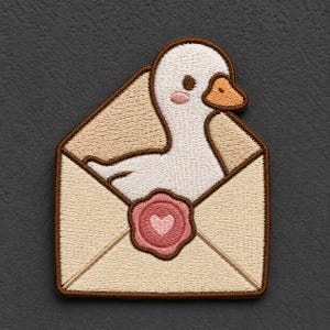 May include: An embroidered patch featuring a white goose with a light orange beak and pink cheeks emerging from a tan envelope. The envelope is sealed with a pink wax seal that has a small heart embossed in the center, all outlined in dark brown.