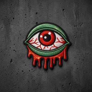 May include: An embroidered patch featuring a stylized eye with a bright red iris, a black pupil with white highlights, and white sclera with red blood vessels. The eye is framed by a green border with red liquid-like drips at the bottom.