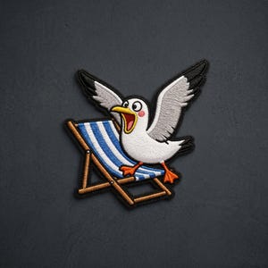 May include: An embroidered patch featuring a cartoon seagull with white feathers, gray wings, and orange feet, standing on a blue and white striped beach chair. The seagull has a yellow beak, wide eyes, and a pink cheek, with its wings spread wide.