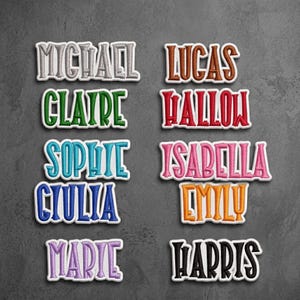 May include: Ten embroidered name patches featuring the names Michael, Lucas, Claire, Hallow, Sophie, Isabella, Giulia, Emily, Marie, and Harris. Each patch has a distinct thread color, including silver, brown, green, red, blue, pink, and black.