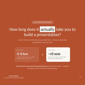 May include: A rust-colored digital graphic titled Claude Playbooks: Claude for Presentations. It features the text: How long does it actually take you to build a presentation? It compares The Old Way at 2-3 hrs to With Claude at ~12 min.