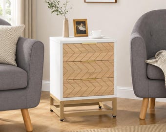 Set of 2 White Chevron 3-Drawer Nightstands with Gold Legs