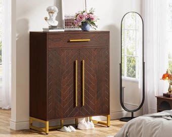Walnut Brown Shoe Cabinet with Doors, Gold Frame Entryway Storage Organizer (20 Pair Capacity)
