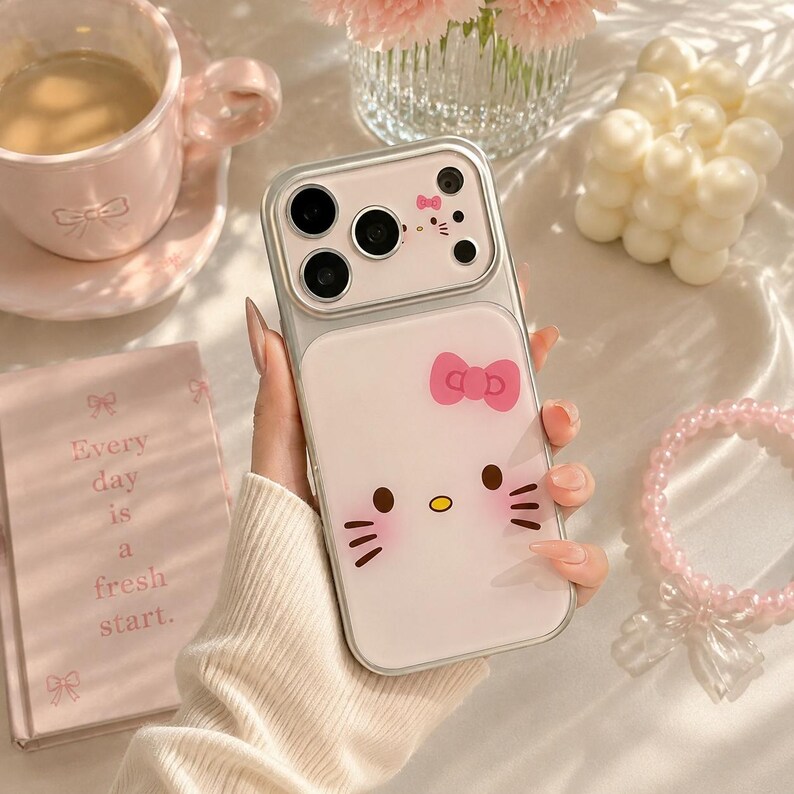 A person's hand holding a Hello Kitty phone case, surrounded by various items such as a cup, flowers, and a bracelet.