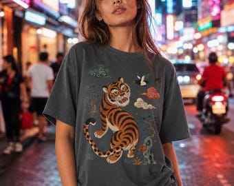 Retro Korean Tiger Shirt, Asian Streetwear Tee, Vintage Comfort Colors
