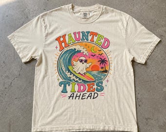 Haunted Tides Ahead Surf Ghost Shirt, Retro Beach Sunset Vibe Funny Summerween Surfer Ghosty Holiday Tee, Comfort Colors