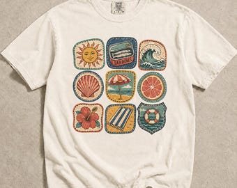 Vintage Beach Icons Faux Patches Shirt, Surf, Seashells, Hibiscus, Umbrella, Sardines, Comfort Colors T-Shirt