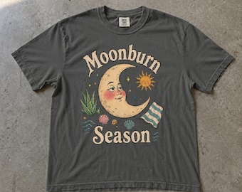 Moonburn Season Whimsy Crescent Moon Shirt, Whimsical Beach Moonie Sea Shells Sun Graphic T-Shirt, Comfort Colors Tee