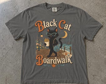 Black Cat Boardwalk Shirt, Retro Blackcat Illustration for Feline Lovers Stylish Kitten Walking on a Pier Beach Night Scene, Comfort Colors