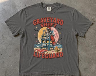 Graveyard Shift Lifeguard Shirt, Summerween Blood Moon Skeleton Beach Surf 90s Style Retro Halloween Graphic Tee, Comfort Colors T-Shirt