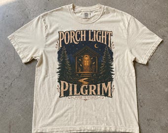 Porch Light Pilgrim Shirt, Drawn to the Quiet Cabin Night Forest Moon Cottage Coziness Solitude Graphic Tee, Comfort Colors T-Shirt