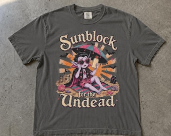 Sunblock for the Undead Shirt, Gothic Romance Funny Summerween Vampire Beach Retro Horror Illustration Graphic Tee, Comfort Colors T-Shirt