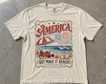 America But Make It Beachy Shirt, Beach Scene Vintage Fourth of July Fireworks Design USA 250 Years Anniversary Tee, Comfort Colors T-Shirt