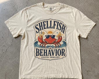 Shellfish Behavior Crab Graphic Shirt, Coastal Waves Surf Nautical Sea Animal Retro Beach Summer Tee, Comfort Colors T-Shirt