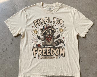 Feral for Freedom Raccoon Summer Chaos Day Shirt, Vintage Patriotic Nature Animal Fireworks USA 250 Celebration Design Tee, Comfort Colors