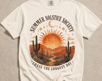 Chemise de la société du solstice d'été, t-shirt soleil et cactus au lever du soleil dans le désert, chassez le jour le plus long