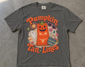 Pumpkin Tan Lines Shirt, Halloween Jack-o-Lantern Summerween Beach Vibes Tote Bag Sunglasses SPF Tee, Comfort Colors T-Shirt