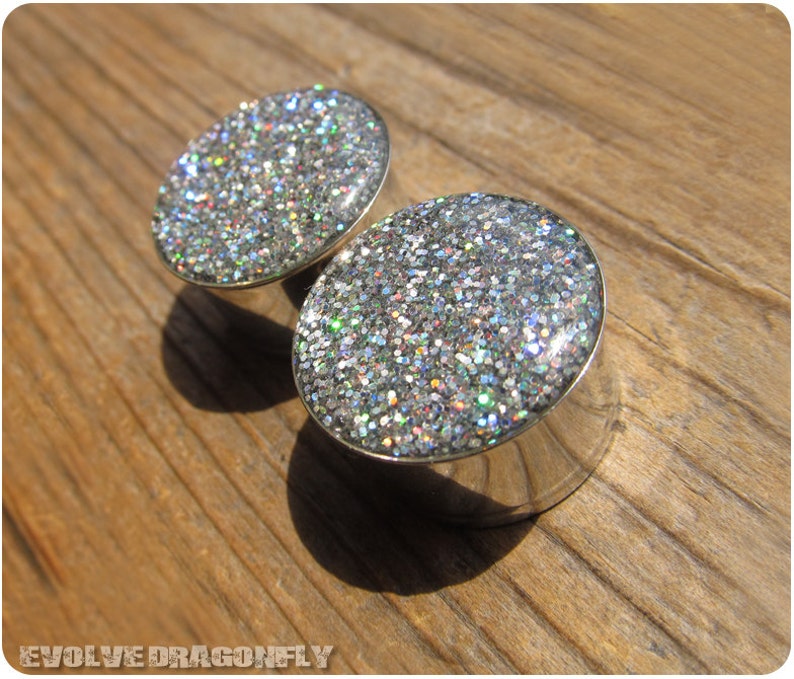 SHOP CLOSING 22mm Plugs 78 Silver Rainbow Glitz Holographic Glitter Plugs Single Flare Ready To Ship Bonus Gift